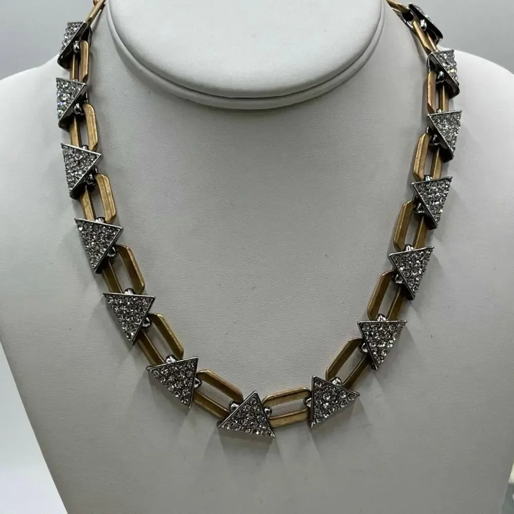 J. Crew Gold Tone Pave Geometric Triangle Glass Stone‎ Necklace Mixed Metal